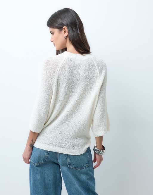 ASOS DESIGN crew neck slouchy drop sleeve t-shirt in cream, 3 of 4