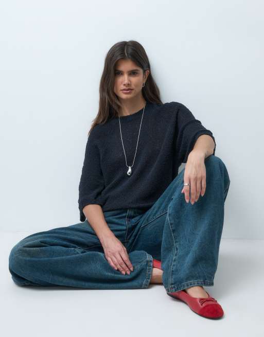 ASOS DESIGN crew neck slouchy dropped sleeves t-shirt in navy, 2 of 4
