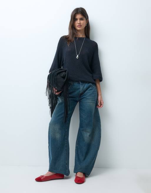 ASOS DESIGN crew neck slouchy dropped sleeves t-shirt in navy, 3 of 4