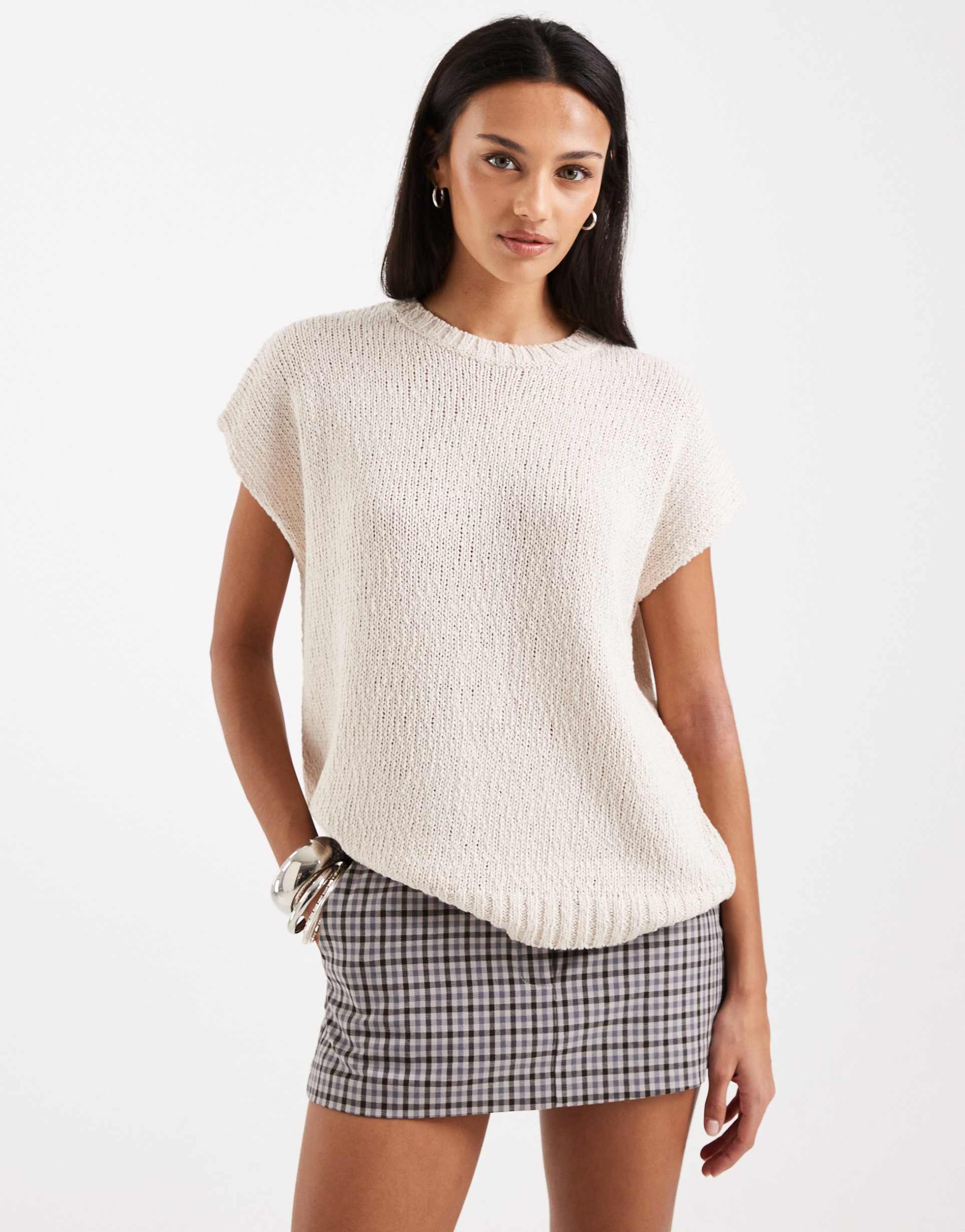 asos design crew neck slub sleeveless top in cream