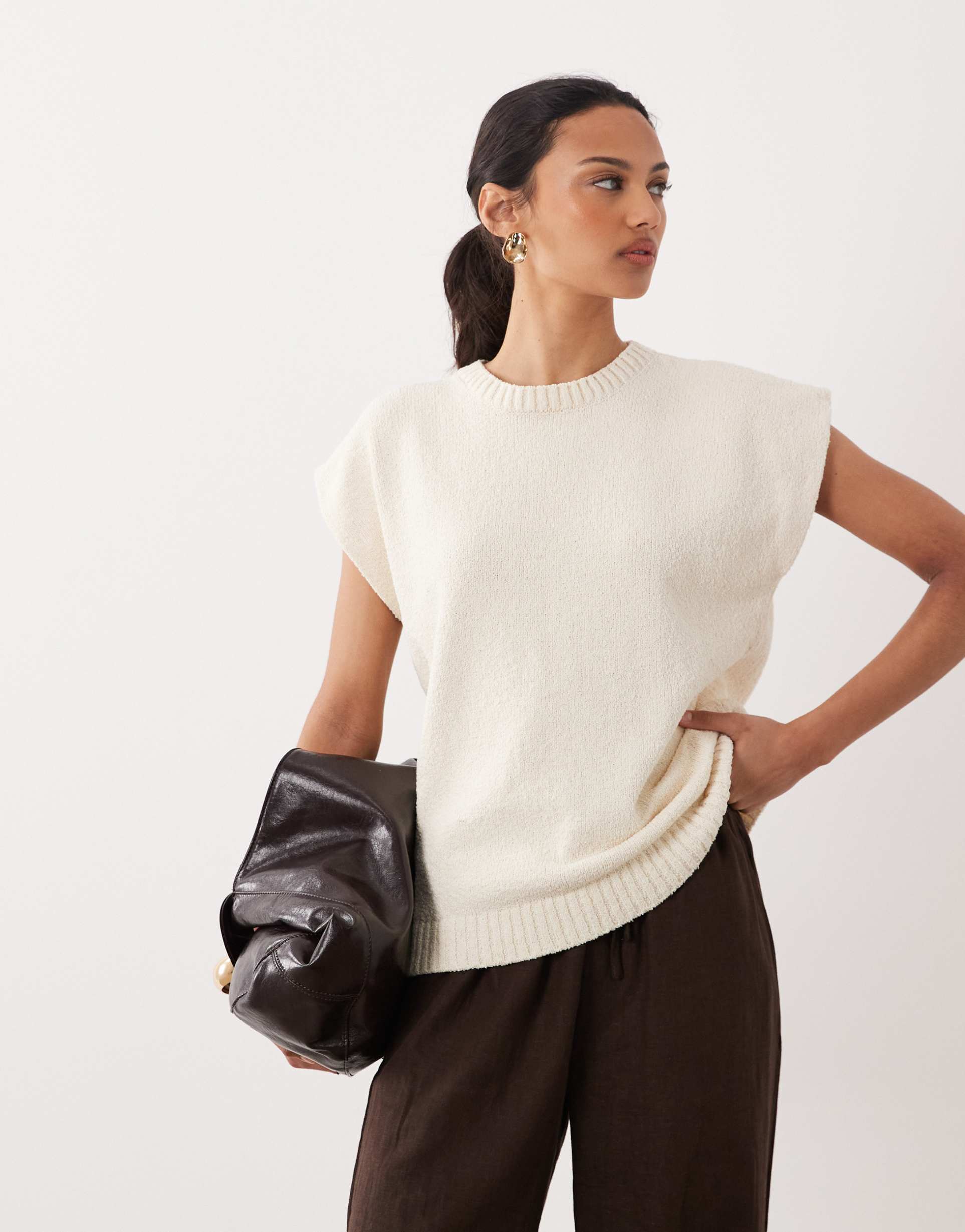 asos design crew neck slub sleeveless top in cream