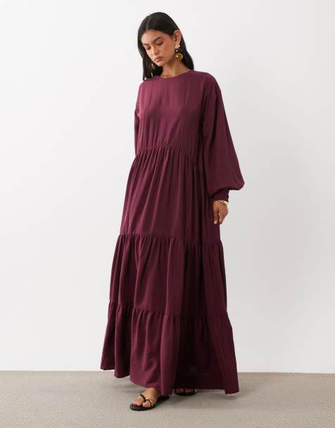 ASOS DESIGN crew neck smock maxi dress in techy fabric in burgundy - view 1