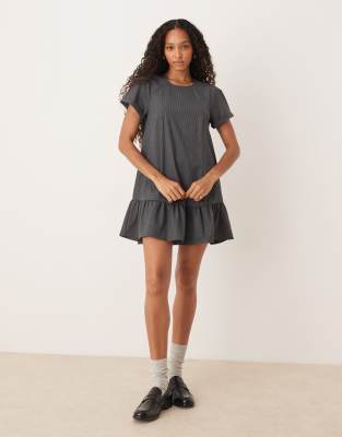 Asos Design Crew Neck Smock Mini Dress With Dropped Waist In Gray