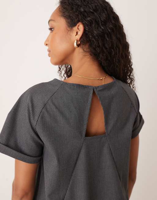 ASOS DESIGN crew neck smock mini dress with dropped waist in grey pinstripe, 4 of 4