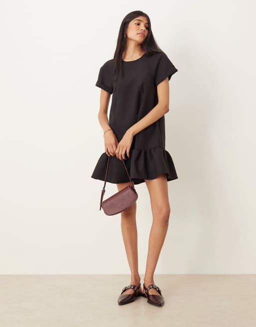 ASOS DESIGN crew neck smock mini dress with dropped waist in rich chocolate, 2 of 4