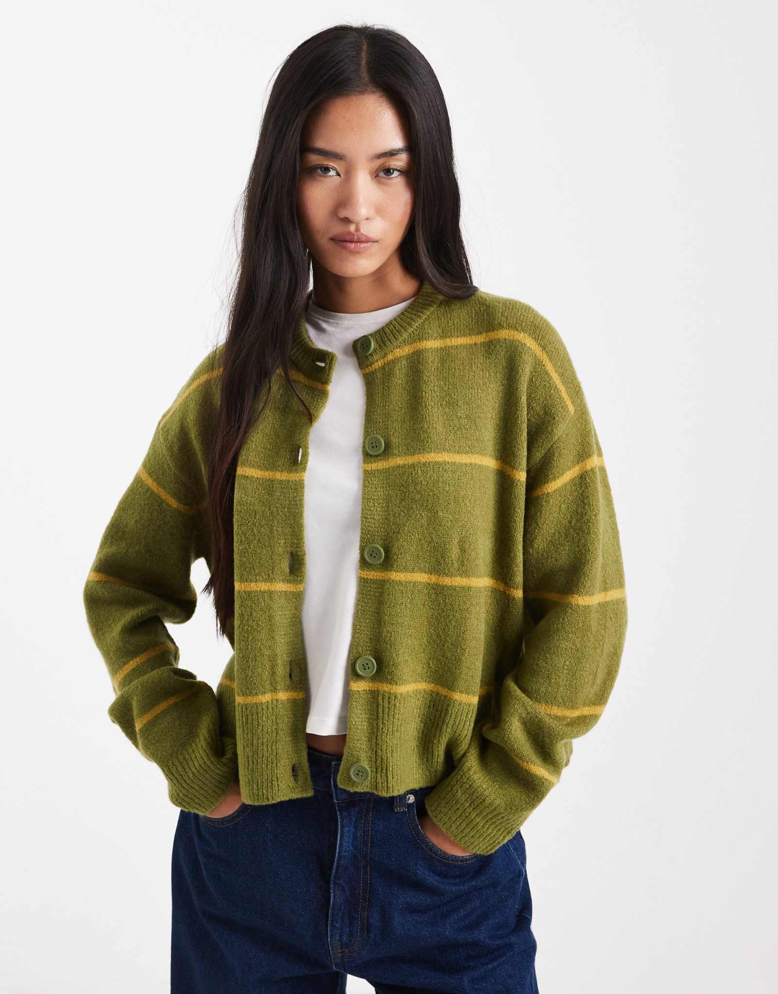 ДИЗАЙНЕРСКИЙ кардиган в полоску с круглым вырезом от ASOS цвета хаки и оливы