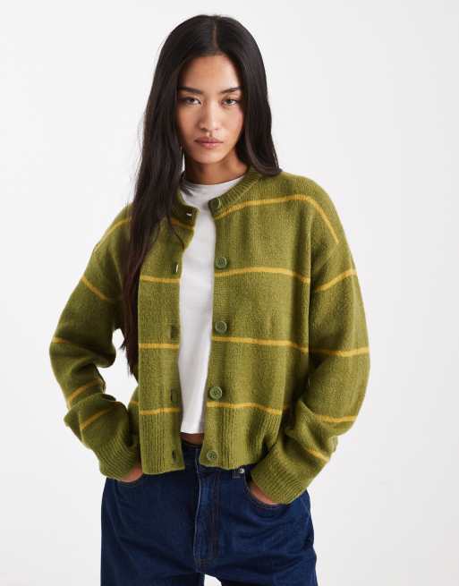 ASOS DESIGN crew neck stripe cardigan in khaki and olive