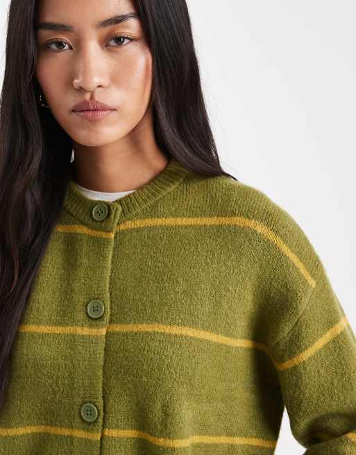 ASOS DESIGN crew neck stripe cardigan in khaki and olive
