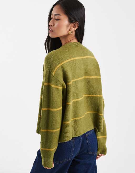 ASOS DESIGN crew neck stripe cardigan in khaki and olive