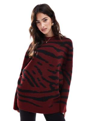 crew neck sweater in burgundy zebra print-Red