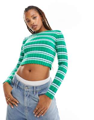 Asos Design Crew Neck Sweater In Green Stripe-multi