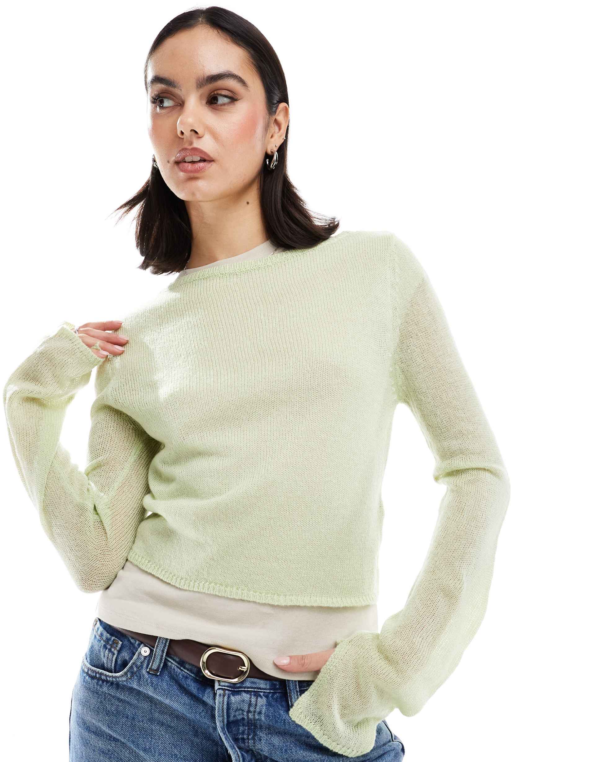 asos design crew neck sweater in loose knit in sage