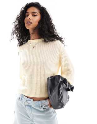 crew neck sweater in rib in cream-White