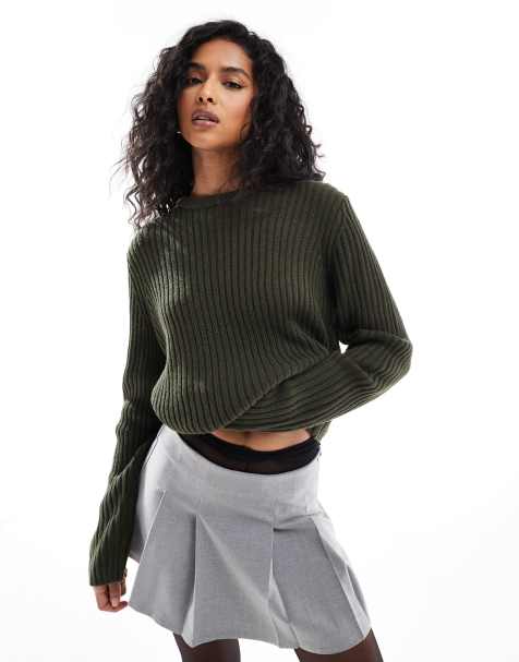 ASOS DESIGN crew neck sweater in rib in khaki - view 1