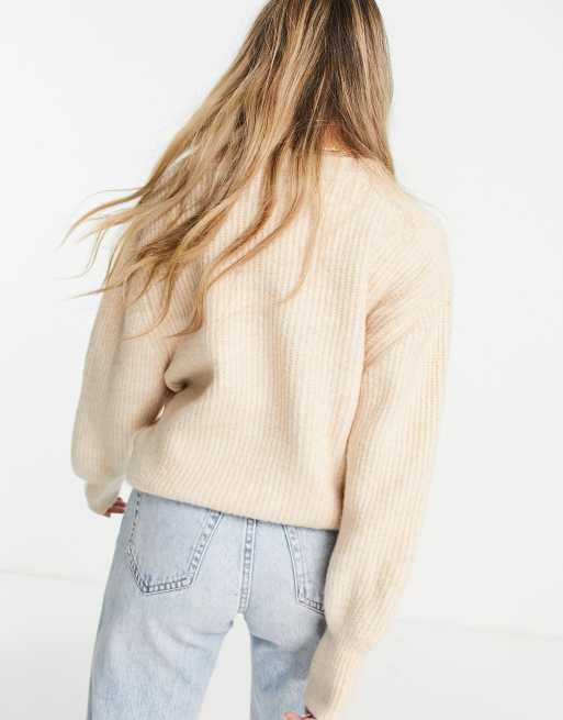 ASOS DESIGN crew neck sweater in rib with fluffy yarn in oatmeal, 2 of 4