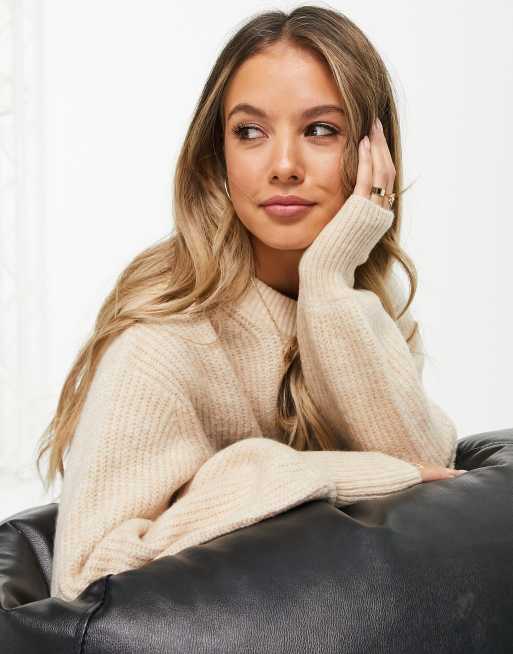 ASOS DESIGN crew neck sweater in rib with fluffy yarn in oatmeal, 3 of 4