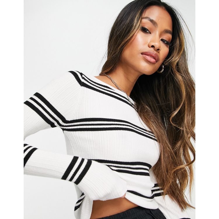 ASOS Design Sweater in Mixed Yarn Stripe in Black and white-Multi