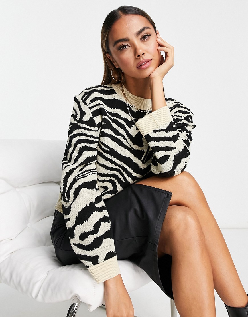 ASOS DESIGN crew neck sweater in zebra animal pattern in multi