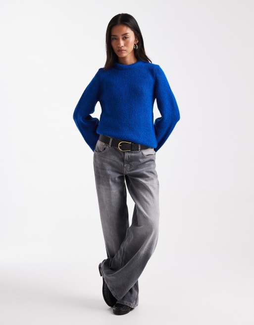 ASOS DESIGN crew neck sweater with bell sleeves in cobalt
