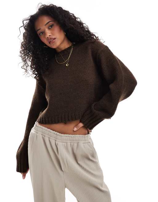 ASOS DESIGN crew neck sweater with chunky trims in chocolate