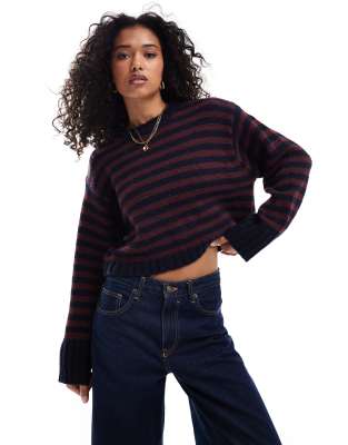 crew neck sweater with chunky trims in navy stripe-Multi