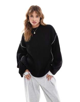 Asos Design Crew Neck Sweater With Contrast Blanket Stitch In Black