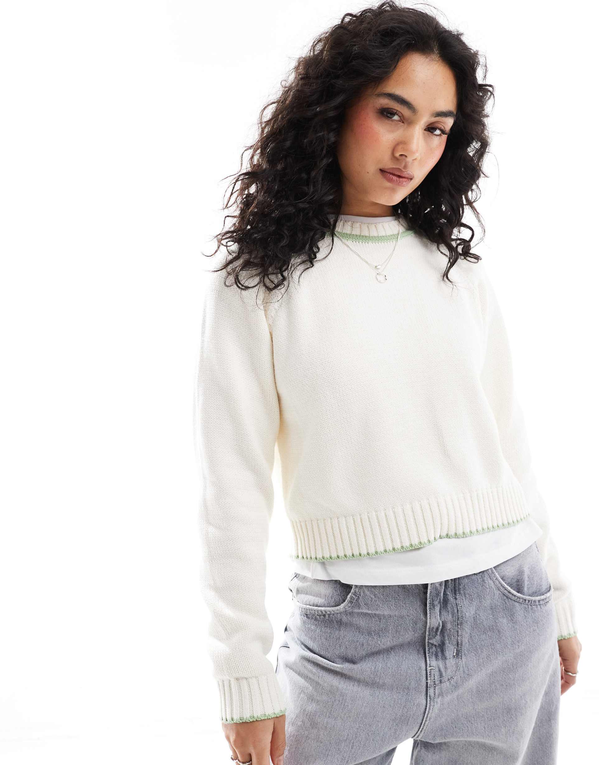 asos design crew neck sweater with fashioning detail and tipping in sage