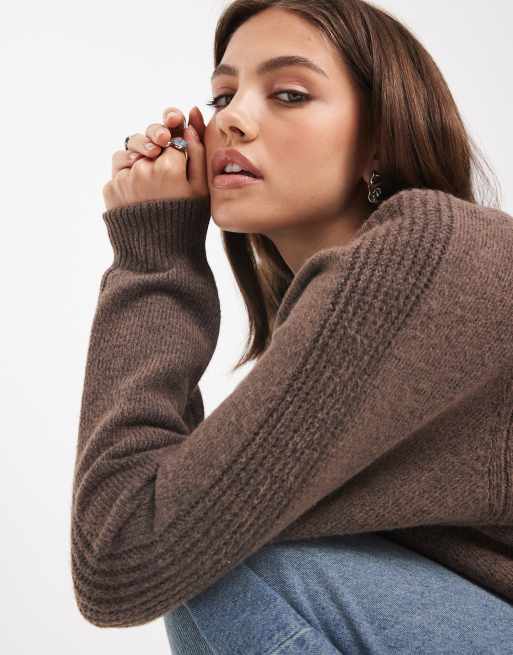 ASOS DESIGN crew neck sweater with raglan and fisherman rib sleeve detail in chocolate