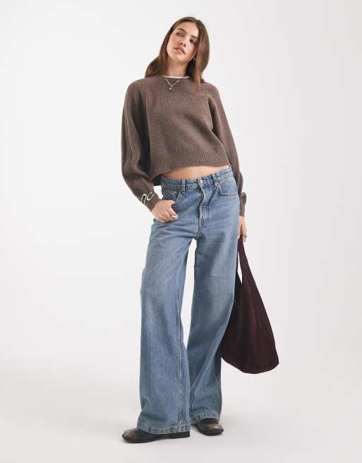 ASOS DESIGN crew neck sweater with raglan and fisherman rib sleeve detail in chocolate