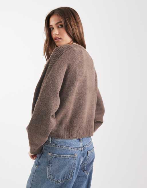 ASOS DESIGN crew neck sweater with raglan and fisherman rib sleeve detail in chocolate