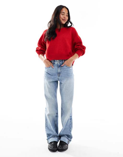 ASOS DESIGN crew neck sweater with raglan and fisherman rib sleeve detail in red
