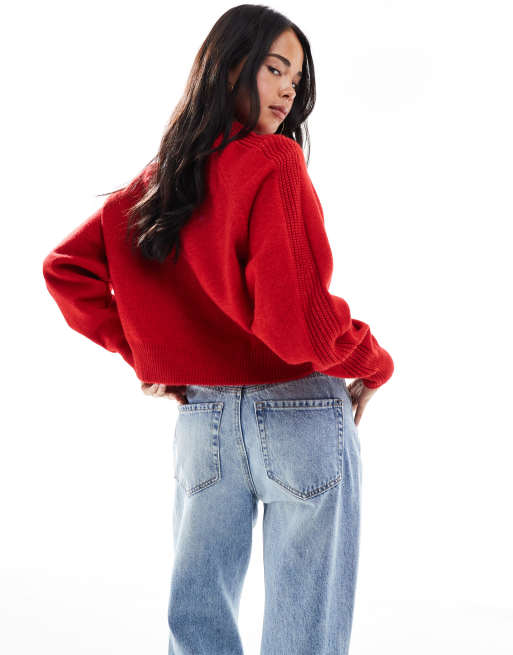 ASOS DESIGN crew neck sweater with raglan and fisherman rib sleeve detail in red