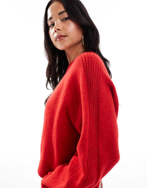 ASOS DESIGN crew neck sweater with raglan and fisherman rib sleeve detail in red