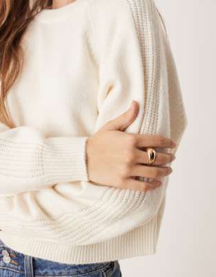 Asos Design Crew Neck Sweater With Raglan And Fisherman Ribbed Sleeve Detailing In White