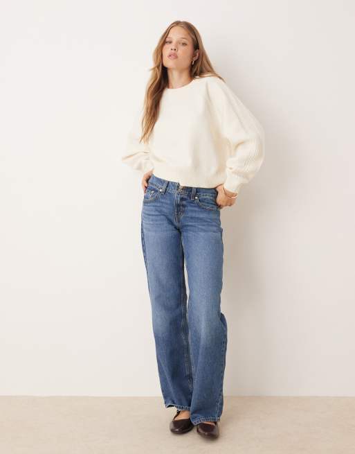 ASOS DESIGN crew neck sweater with raglan and fisherman ribbed sleeve detailing in cream