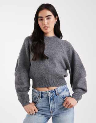 Asos Design Crew Neck Sweater With Raglan Detail In Gray