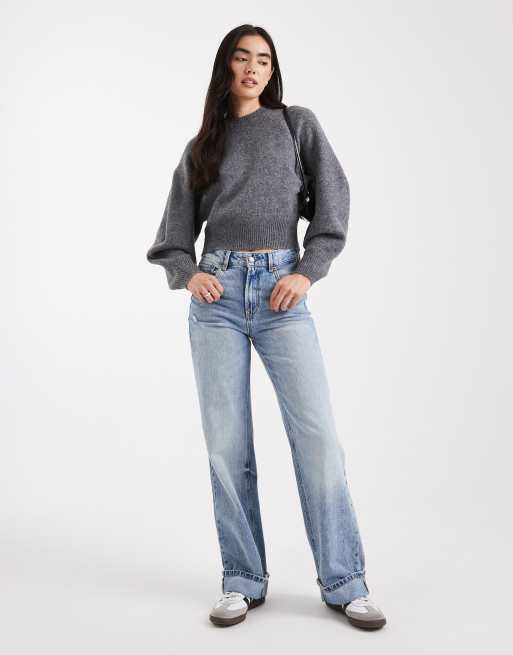ASOS DESIGN crew neck sweater with raglan detail in charcoal