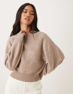 Asos Design Crew Neck Sweater With Raglan Detail In Brown