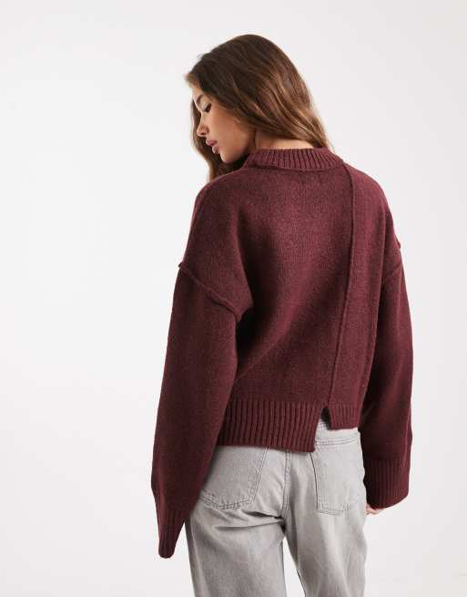 ASOS DESIGN crew neck sweater with seam front detail and stepped hem in plum