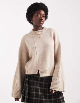 Asos Design Crew Neck Sweater With Seam Front Detail And Stepped Hem In Neutral