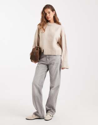 Asos Design Crew Neck Sweater With Seam Front Detail And Stepped Hem In Neutral