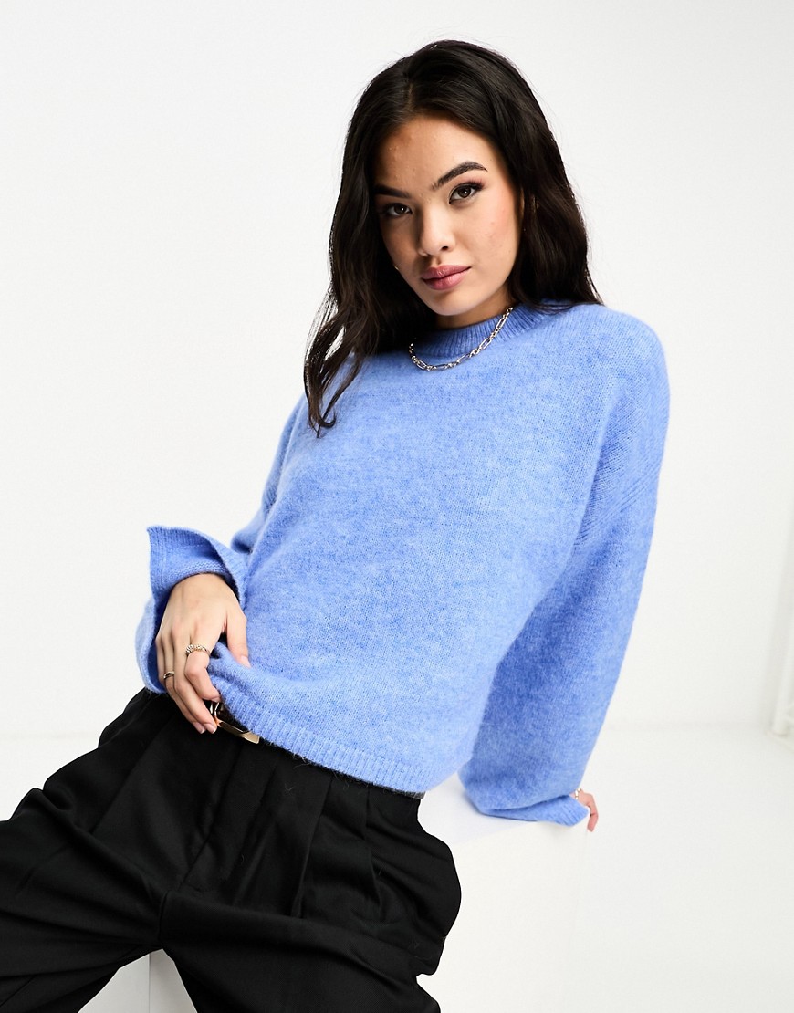 Asos Design Crew Neck Sweater With Wide Cuff And Split In Alpaca Wool Blend In Blue