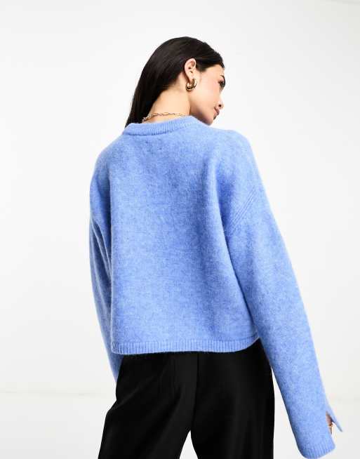 Long Blouson Sleeve Pleat Shoulder Mock Scallop Edge Neck Sweater