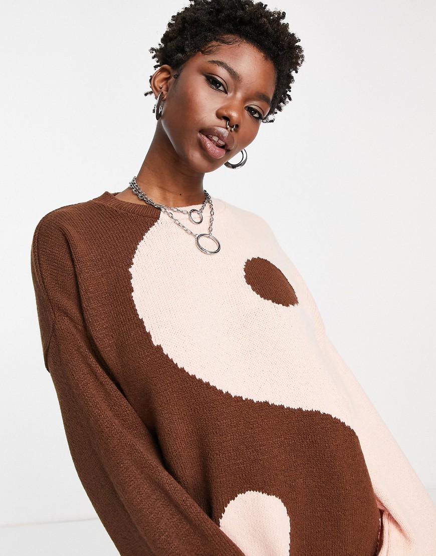 ASOS DESIGN crew neck sweater with yin yang pattern-Brown