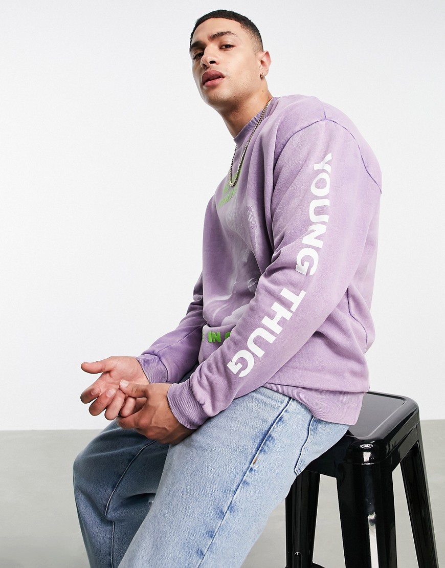 ASOS DESIGN crew neck sweatshirt with Young Thug print in purple