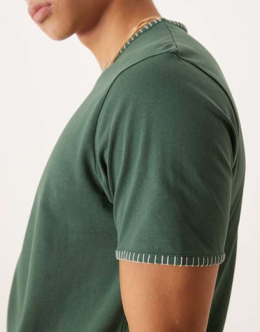 ASOS DESIGN crew neck t-shirt with contrast blanket stitch in green  , 4 of 4