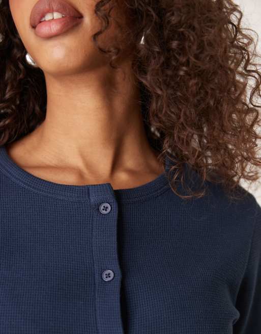 ASOS DESIGN crew neck waffle cardigan in navy, 3 of 4