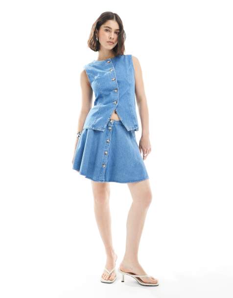ASOS DESIGN crew neck waistcoat & denim flippy skirt co-ord in light blue - view 1