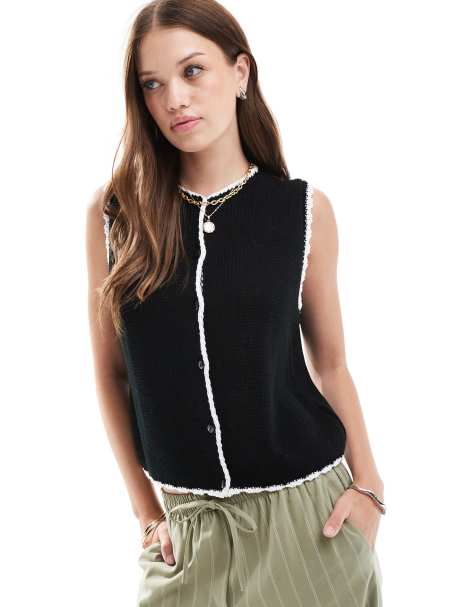 ASOS DESIGN crew neck waistcoat with blanket stitch in black - view 1