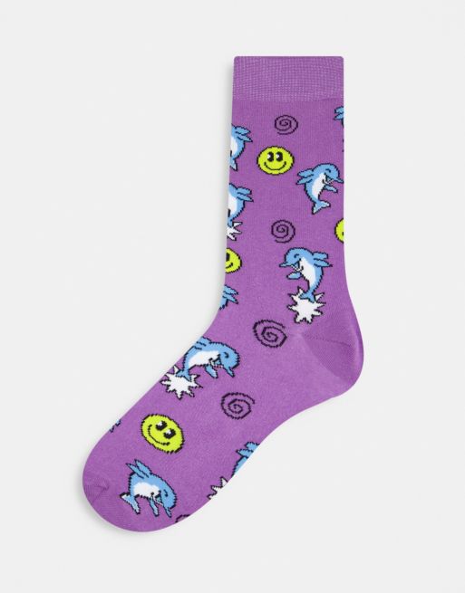ASOS DESIGN – Crew-Söckchen mit Delphin- und Smiley-Doodle-Motiv